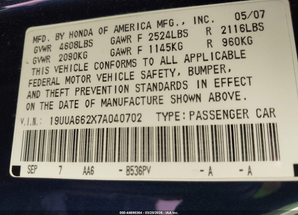 2007 ACURA TL 3.2 VIN: 19UUA662X7A040702