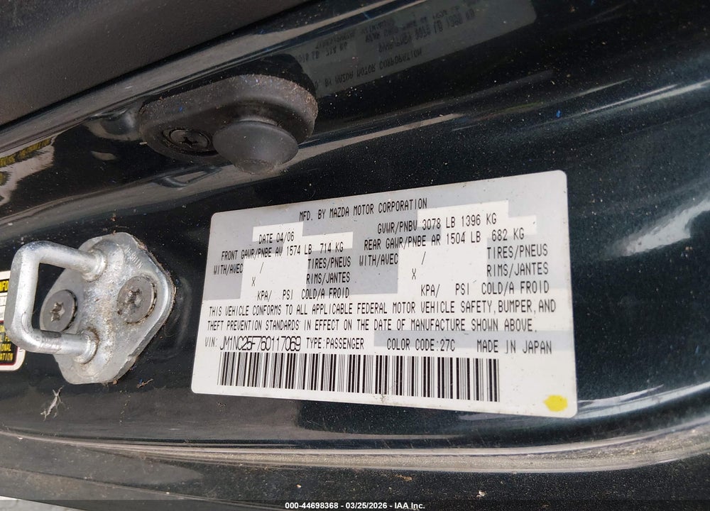2006 MAZDA MX-5 VIN: JM1NC25F760117069