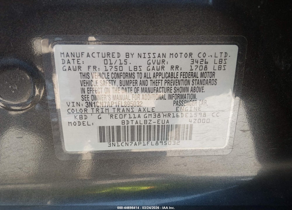 2015 NISSAN VERSA 1.6 SV VIN: 3N1CN7AP1FL895032