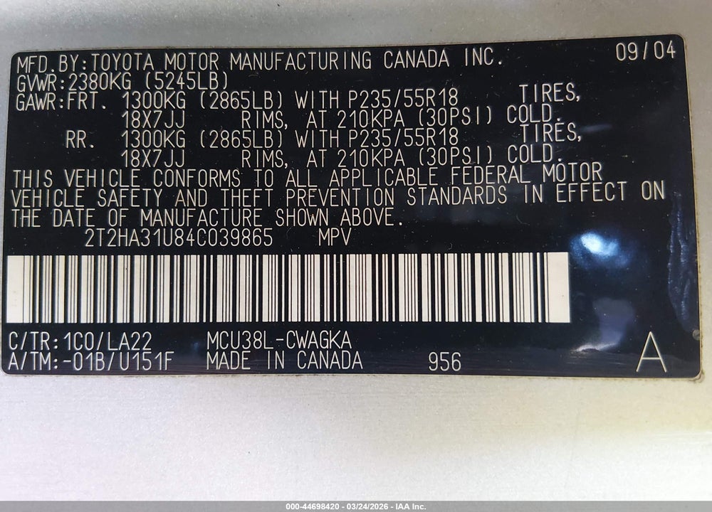 2004 LEXUS RX 330 VIN: 2T2HA31U84C039865