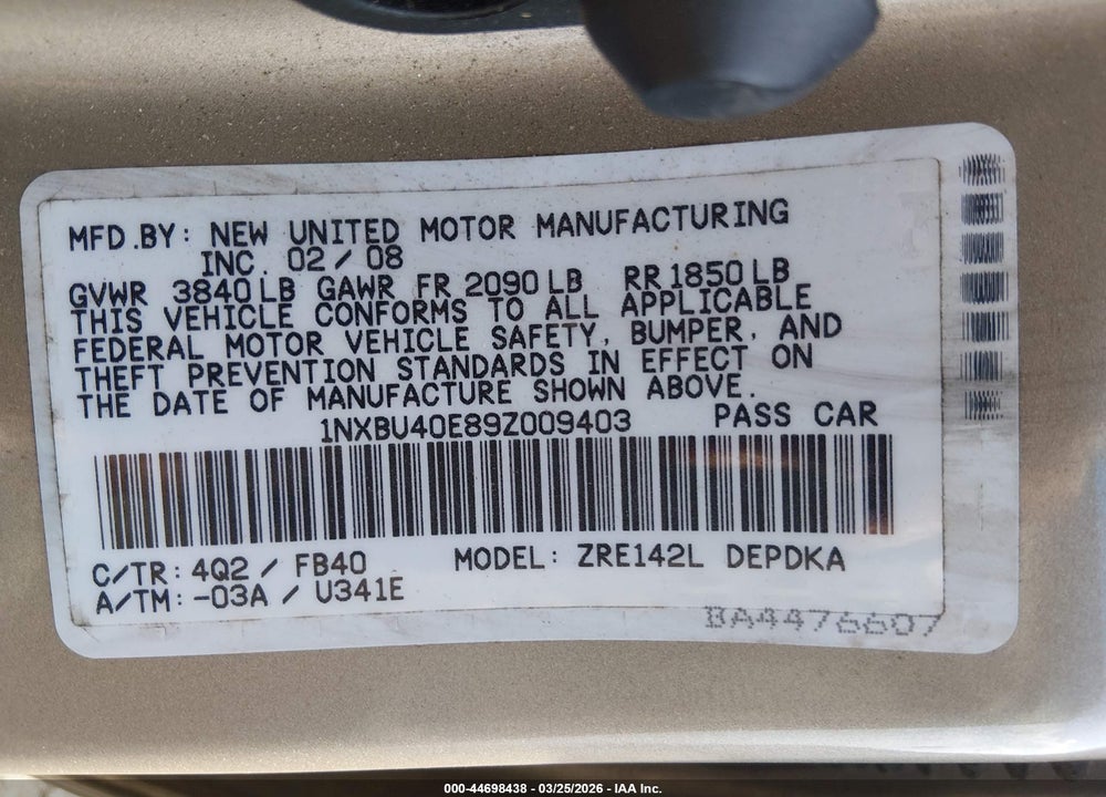 2009 TOYOTA COROLLA LE VIN: 1NXBU40E89Z009403