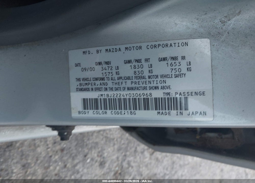 2000 MAZDA PROTEGE DX/LX VIN: JM1BJ2224Y0306968