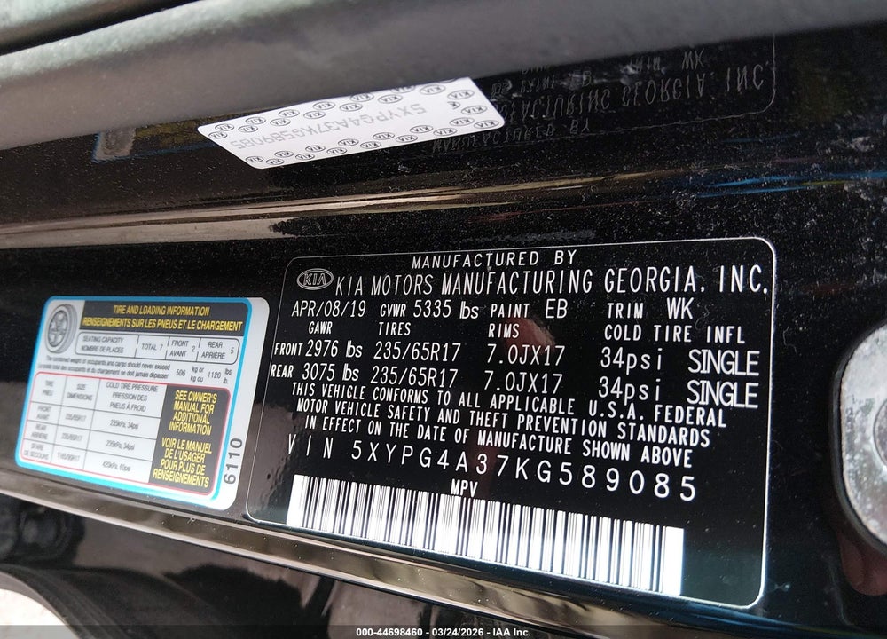2019 KIA SORENTO 2.4L L VIN: 5XYPG4A37KG589085