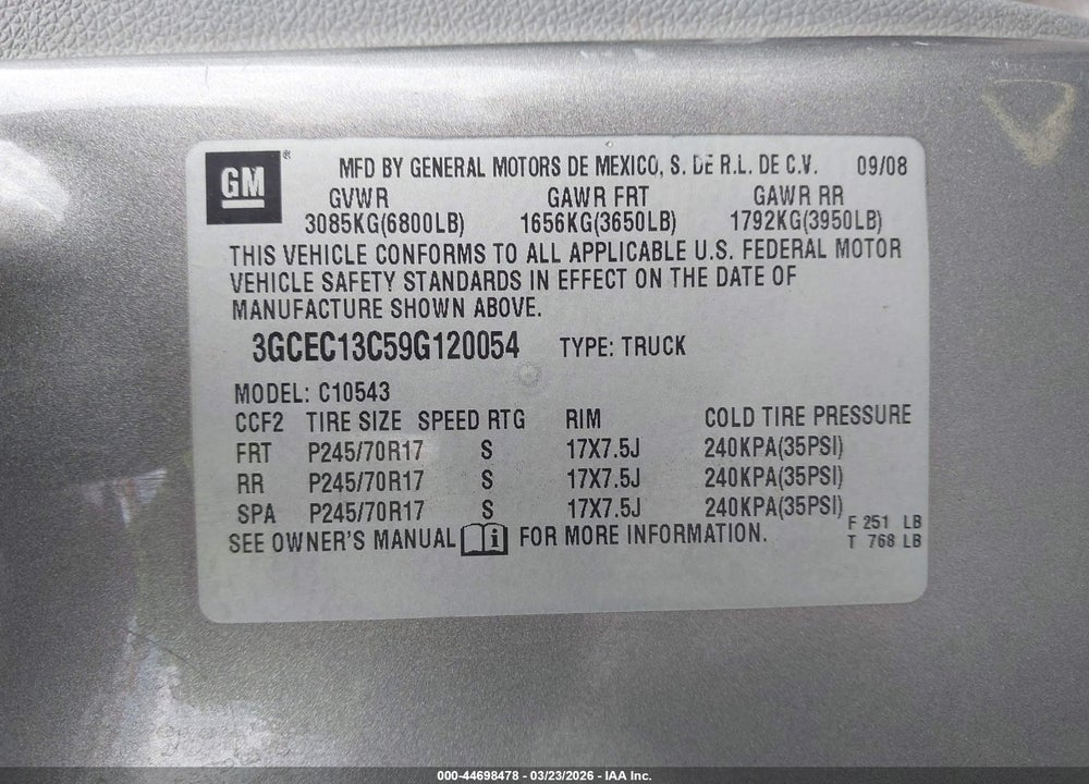 2009 CHEVROLET SILVERADO 1500 WORK TRUCK VIN: 3GCEC13C59G120054