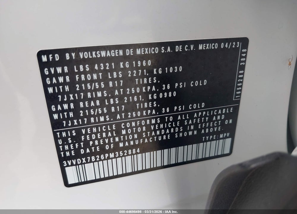 2023 VOLKSWAGEN TAOS 1.5T S VIN: 3VVDX7B26PM352884