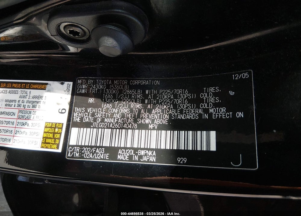 2006 TOYOTA HIGHLANDER VIN: JTEGD21A260140478