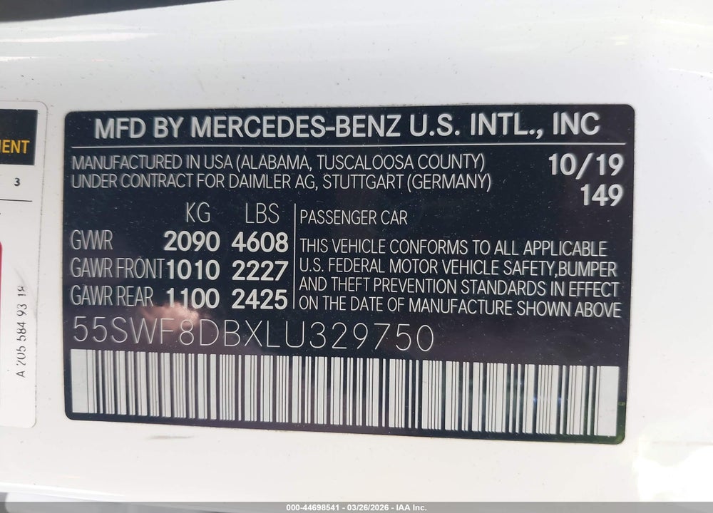 2020 MERCEDES-BENZ C 300 VIN: 55SWF8DBXLU329750