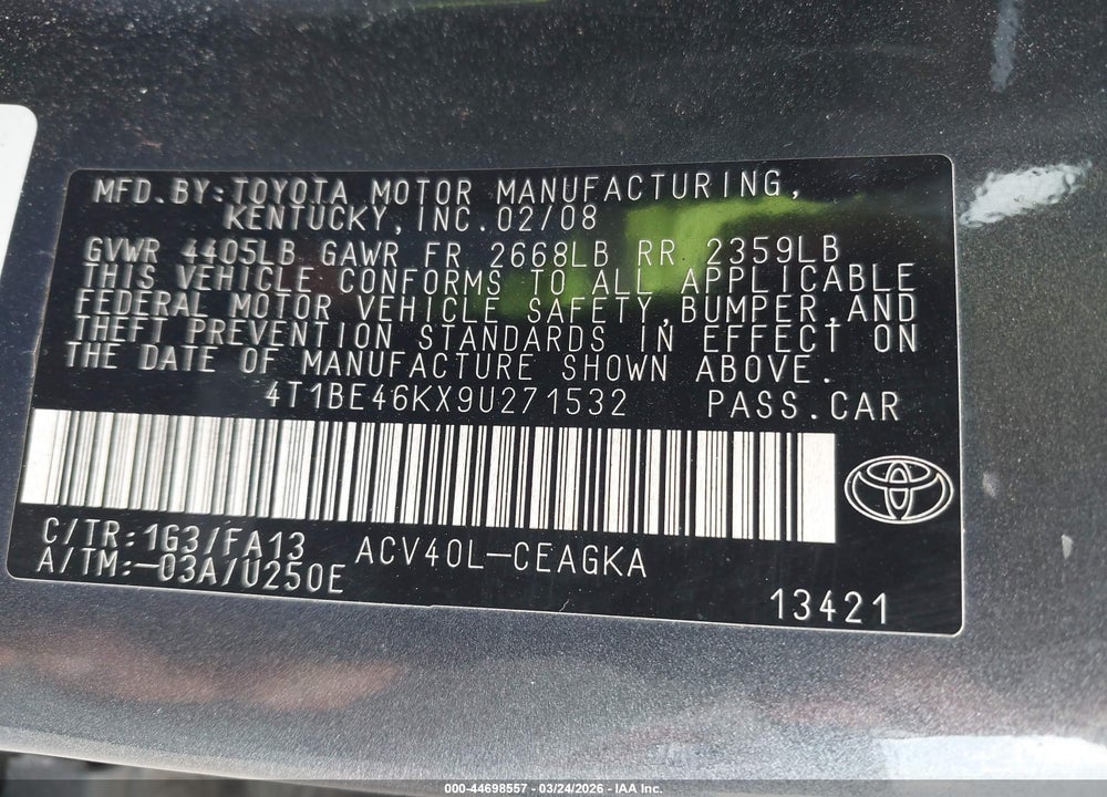 2009 TOYOTA CAMRY XLE VIN: 4T1BE46KX9U271532