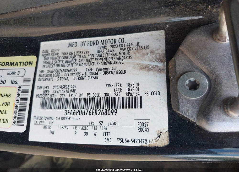 2014 FORD FUSION SE VIN: 3FA6P0H76ER268099