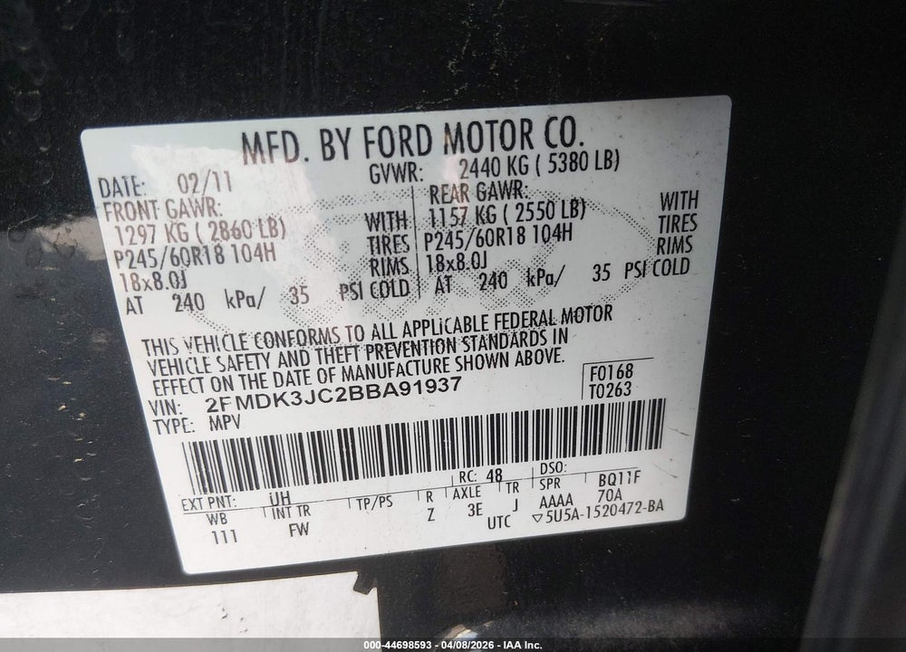 2011 FORD EDGE SEL VIN: 2FMDK3JC2BBA91937
