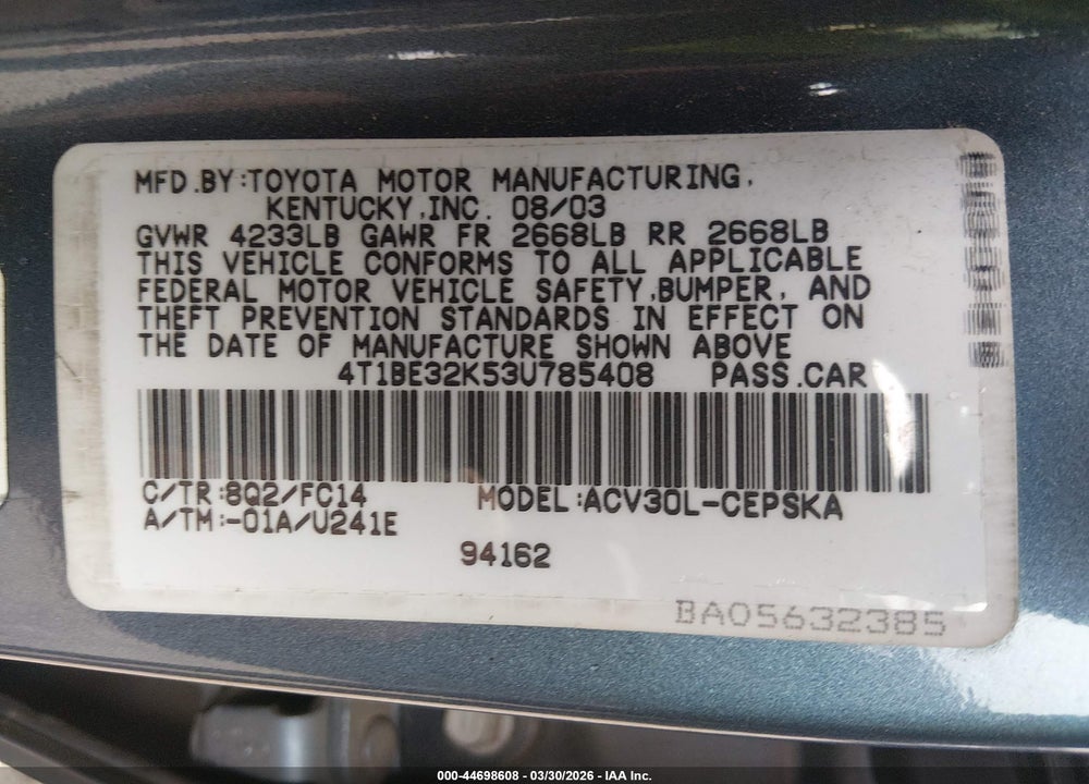 2003 TOYOTA CAMRY SE VIN: 4T1BE32K53U785408