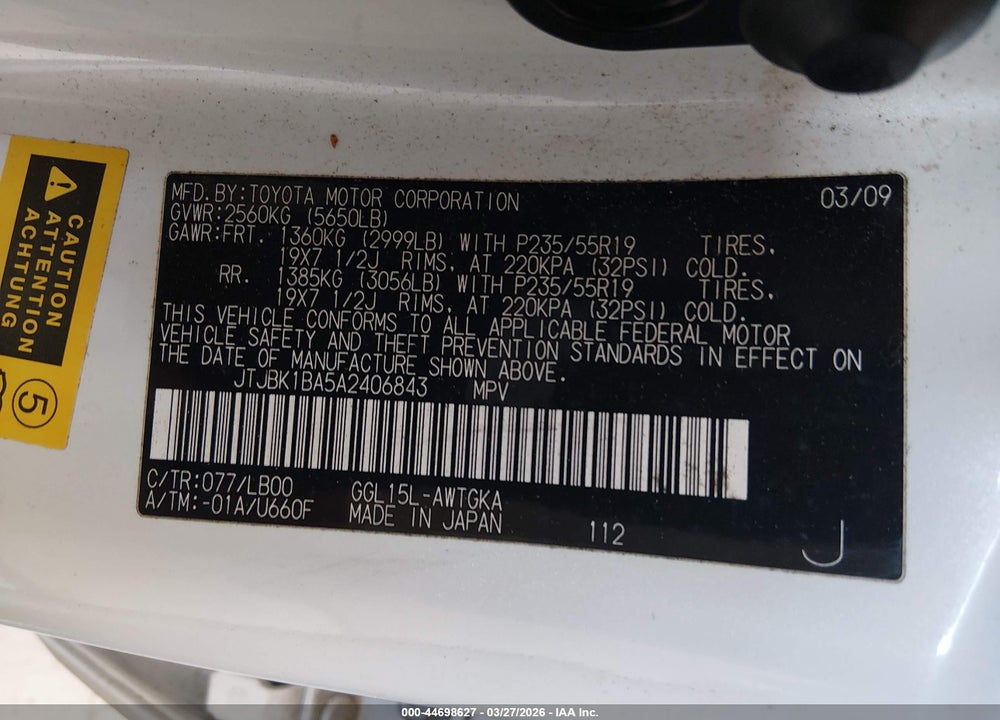 2010 LEXUS RX 350 VIN: JTJBK1BA5A2406843