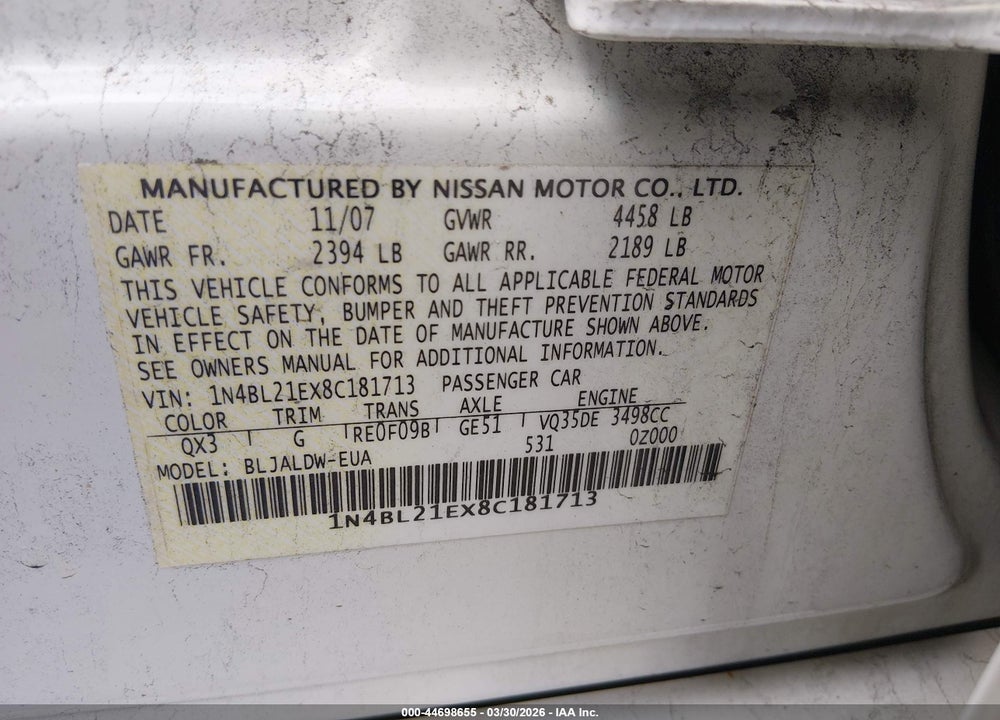 2008 NISSAN ALTIMA 3.5 SE VIN: 1N4BL21EX8C181713