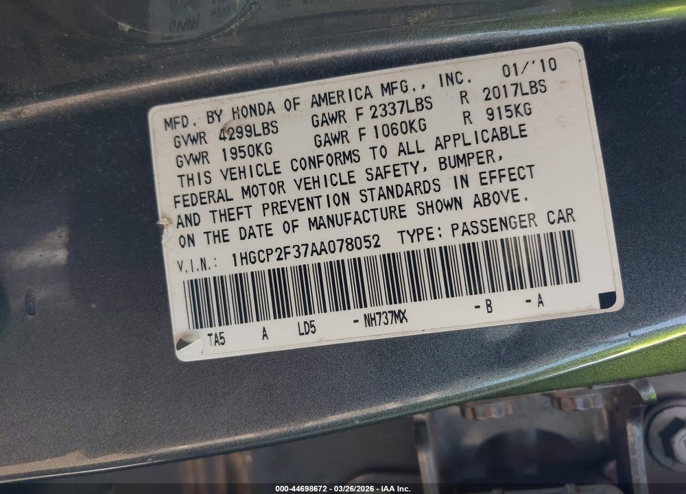 2010 HONDA ACCORD 2.4 LX VIN: 1HGCP2F37AA078052