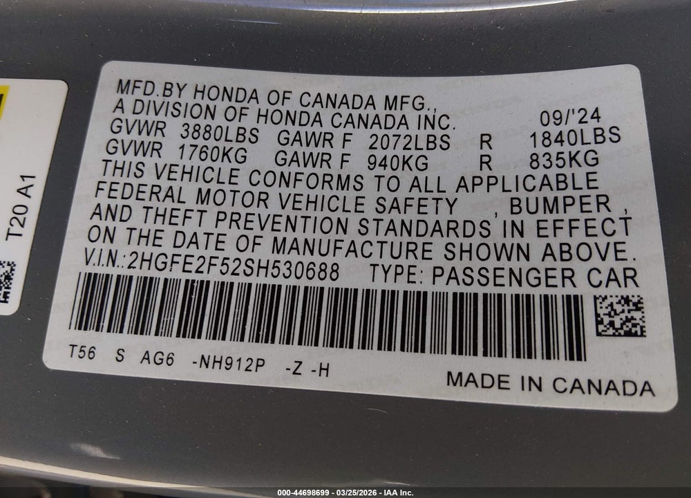 2025 HONDA CIVIC SPORT VIN: 2HGFE2F52SH530688
