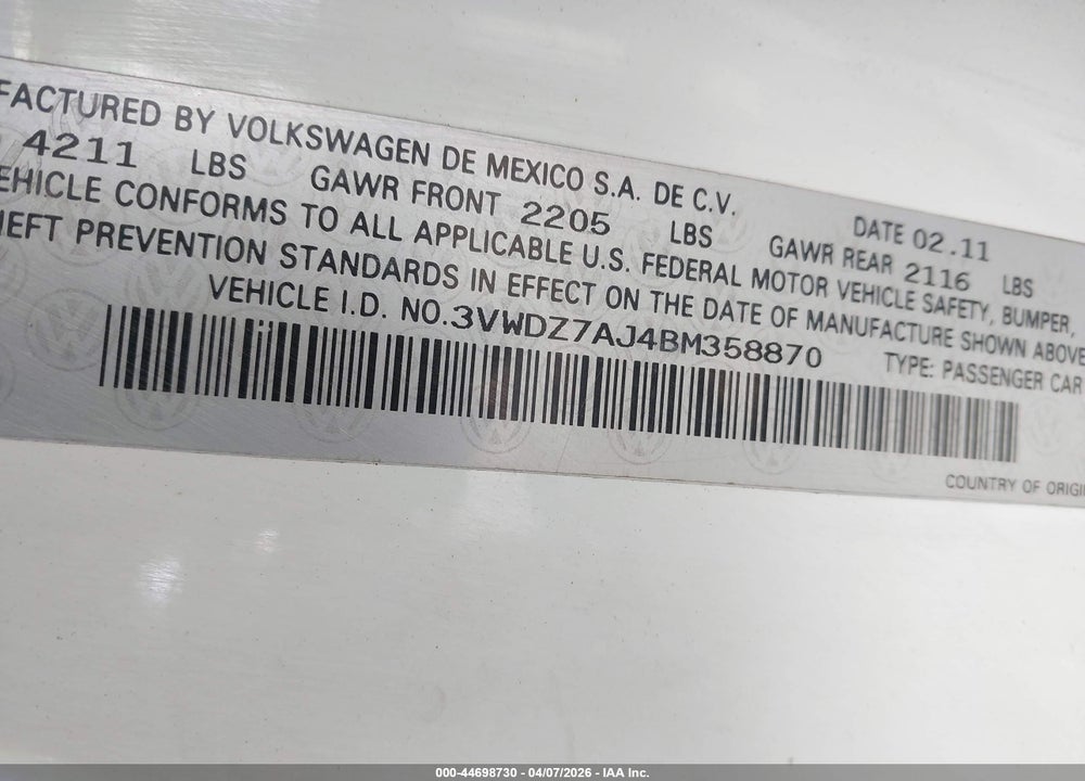 2011 VOLKSWAGEN JETTA 2.5L SE VIN: 3VWDZ7AJ4BM358870