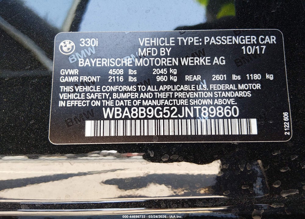 2018 BMW 330I VIN: WBA8B9G52JNT89860
