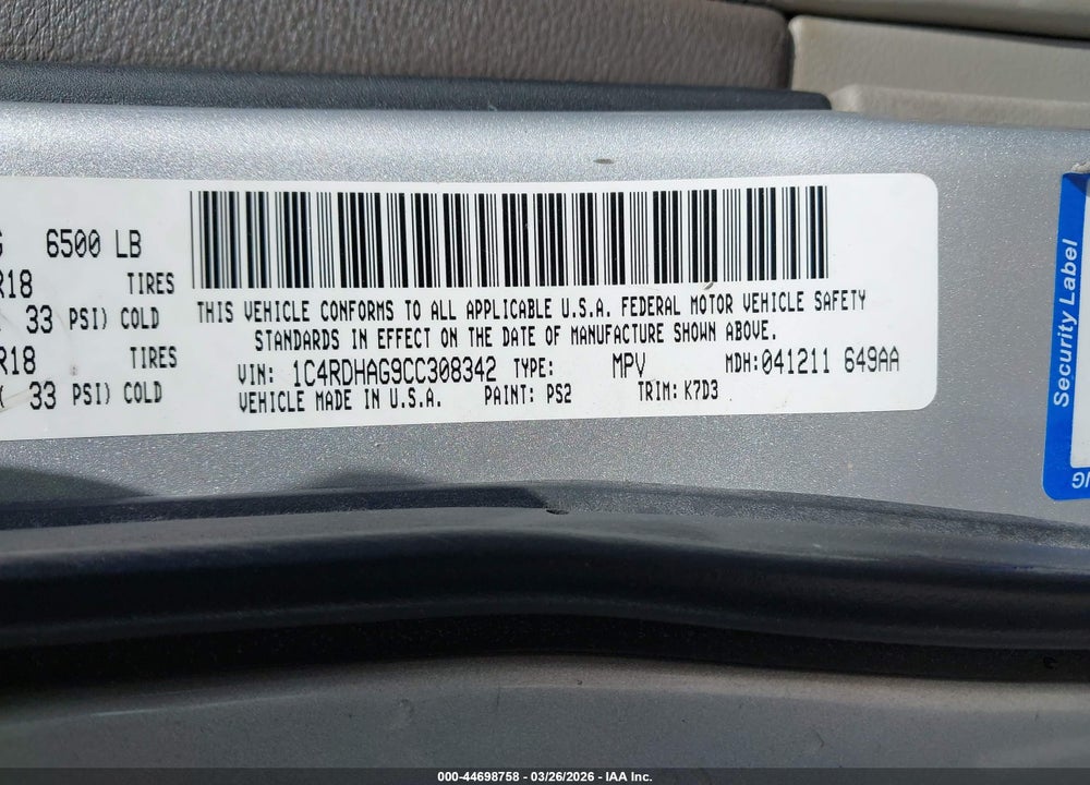 2012 DODGE DURANGO SXT VIN: 1C4RDHAG9CC308342