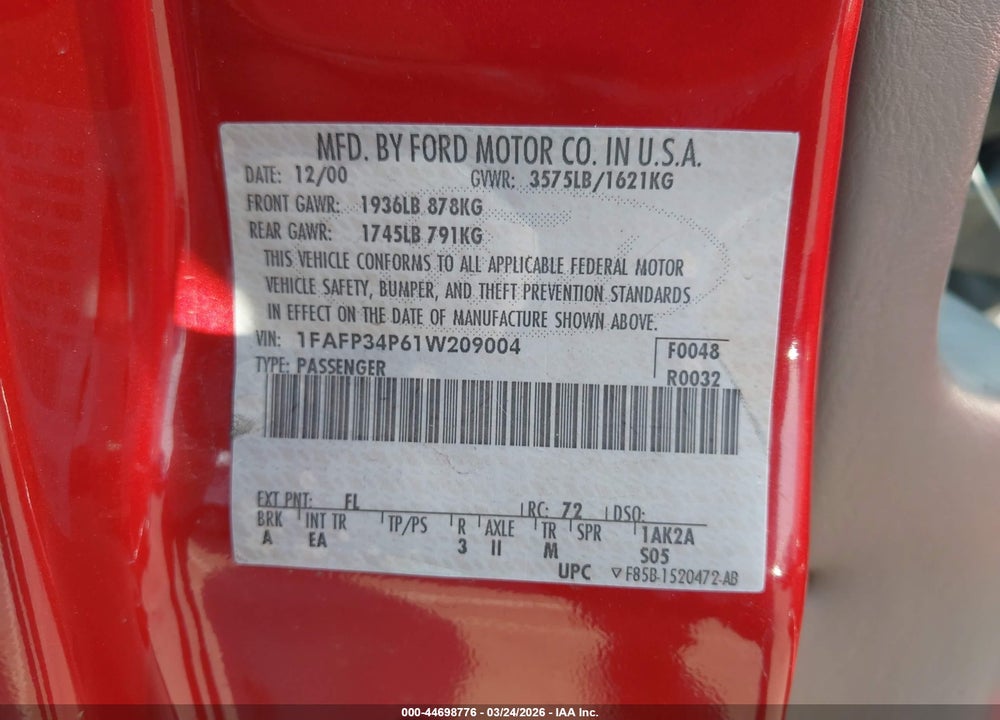 2001 FORD FOCUS SE VIN: 1FAFP34P61W209004