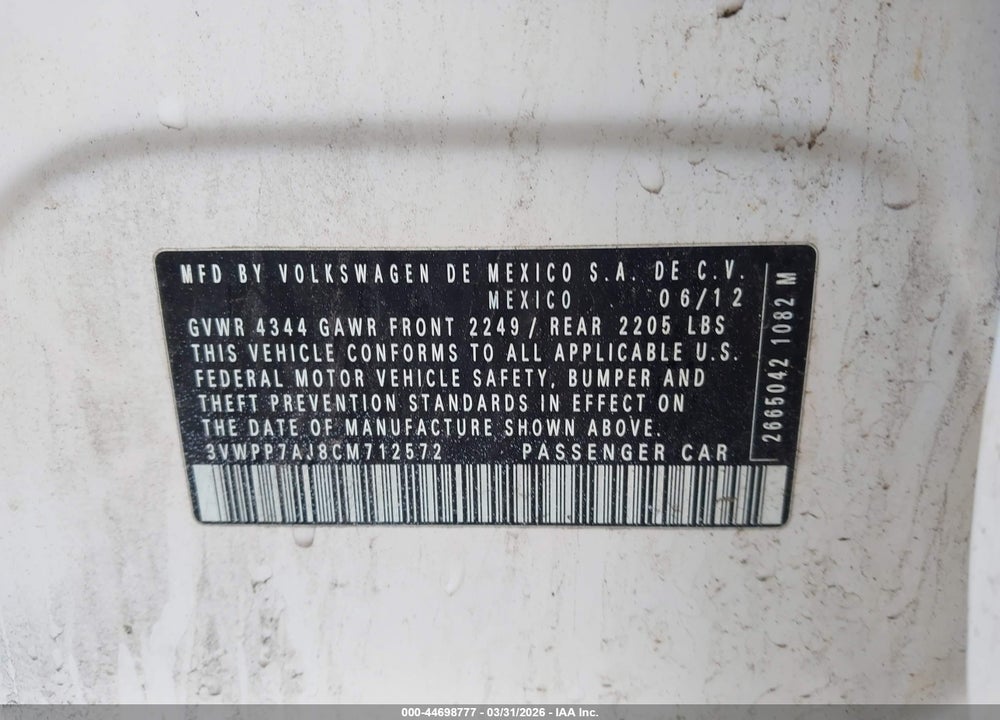 2012 VOLKSWAGEN JETTA SPORTWAGEN 2.5L SE VIN: 3VWPP7AJ8CM712572