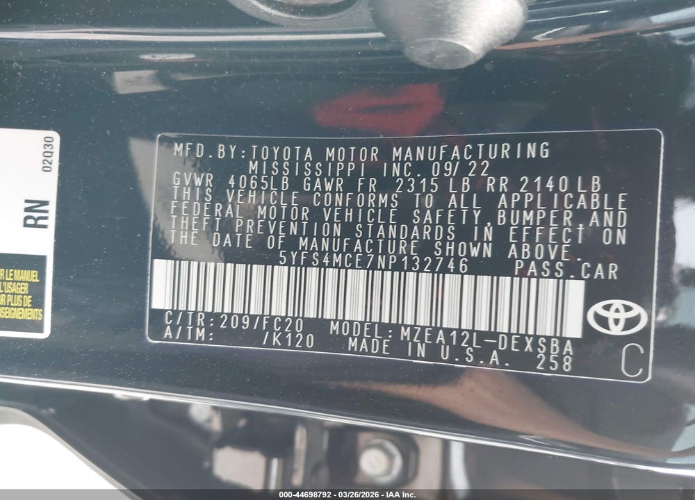 2022 TOYOTA COROLLA SE NIGHTSHADE EDITION VIN: 5YFS4MCE7NP132746
