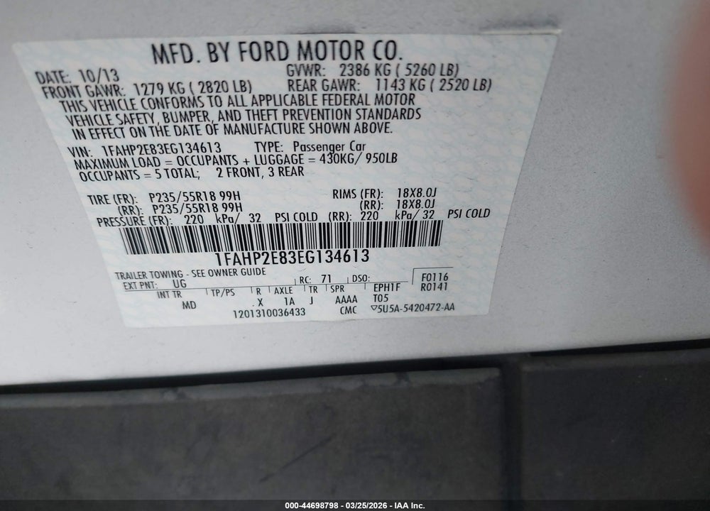 2014 FORD TAURUS SEL VIN: 1FAHP2E83EG134613