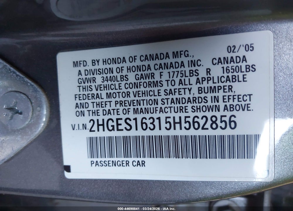 2005 HONDA CIVIC VP VIN: 2HGES16315H562856