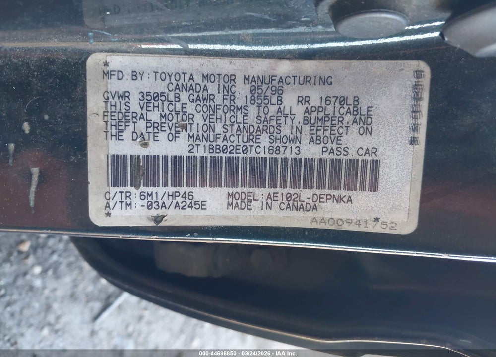 1996 TOYOTA COROLLA DX VIN: 2T1BB02E0TC168713