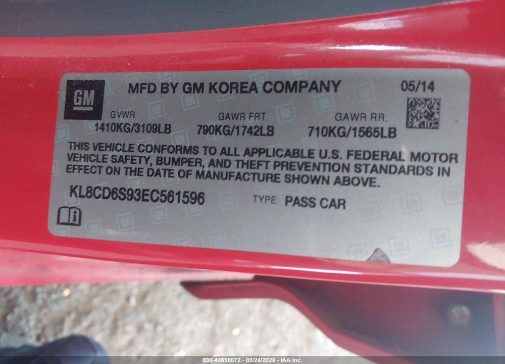 2014 CHEVROLET SPARK 1LT AUTO VIN: KL8CD6S93EC561596