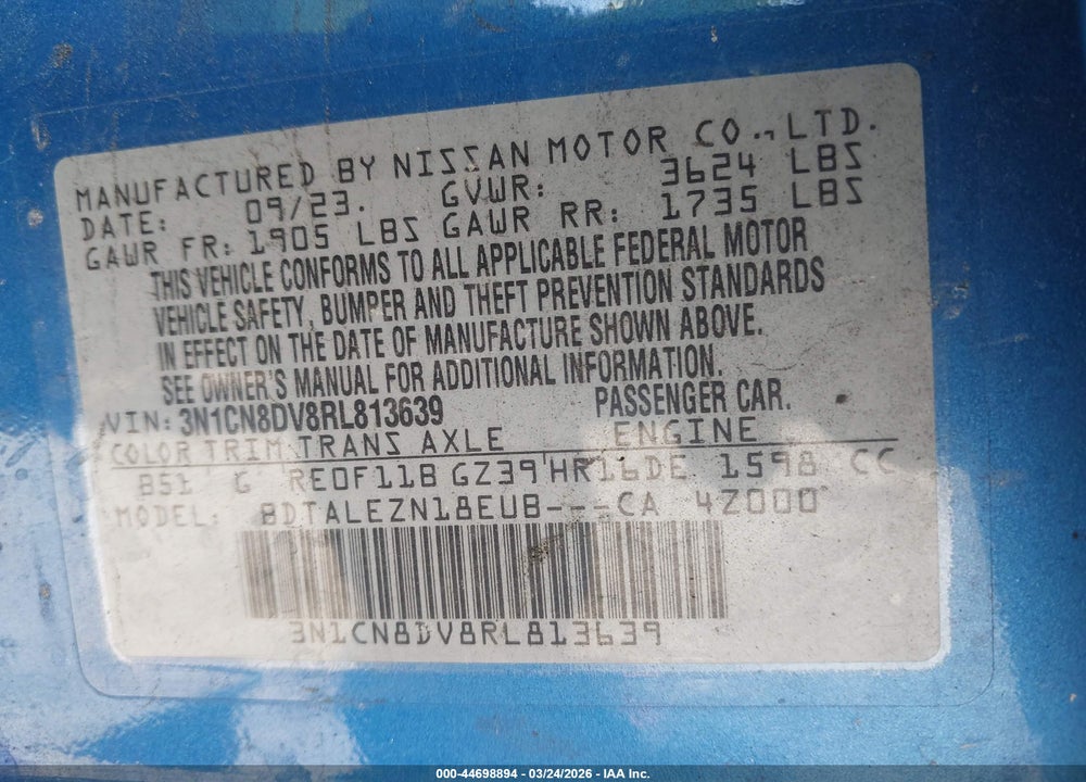 2024 NISSAN VERSA 1.6 S VIN: 3N1CN8DV8RL813639
