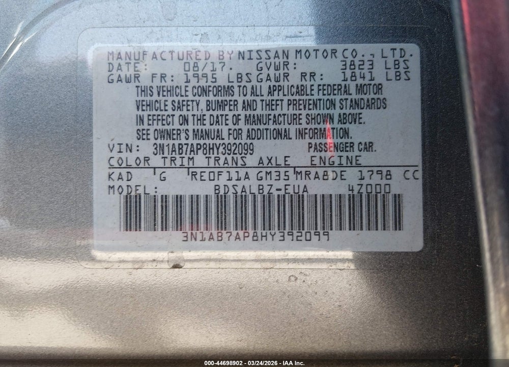2017 NISSAN SENTRA S VIN: 3N1AB7AP8HY392099