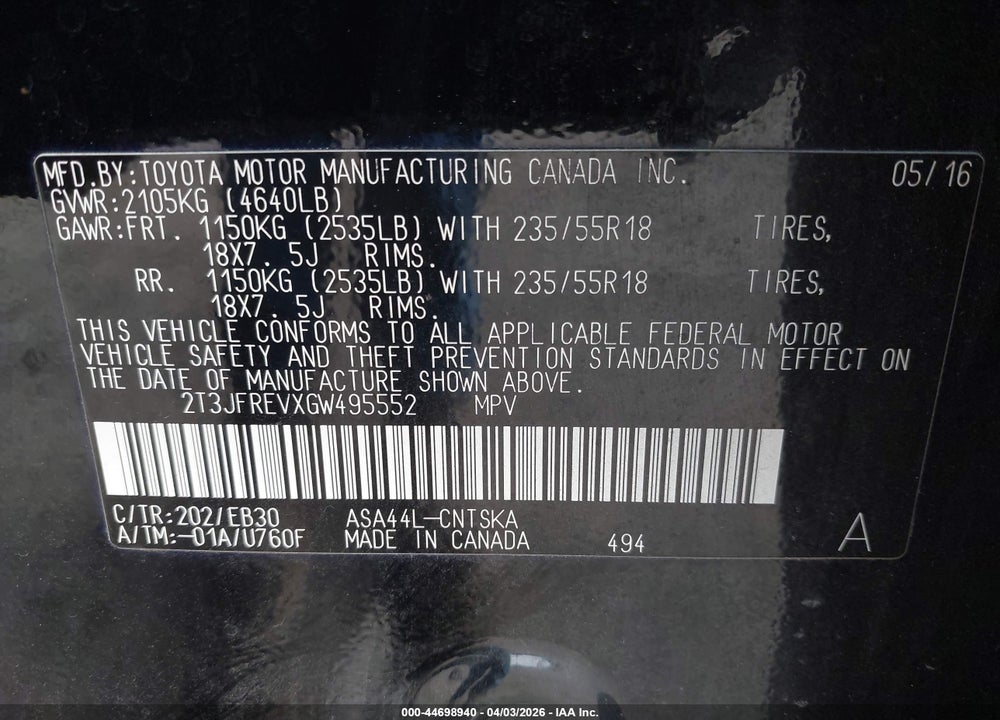 2016 TOYOTA RAV4 SE VIN: 2T3JFREVXGW495552