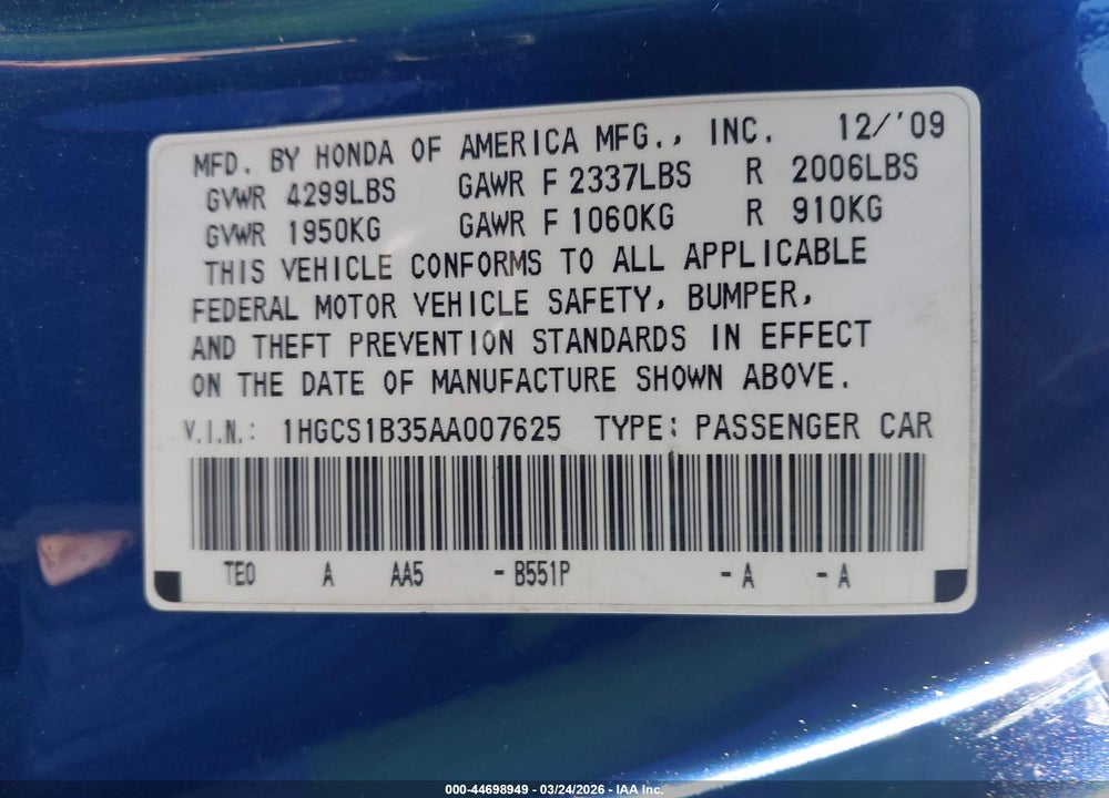 2010 HONDA ACCORD 2.4 LX-S VIN: 1HGCS1B35AA007625