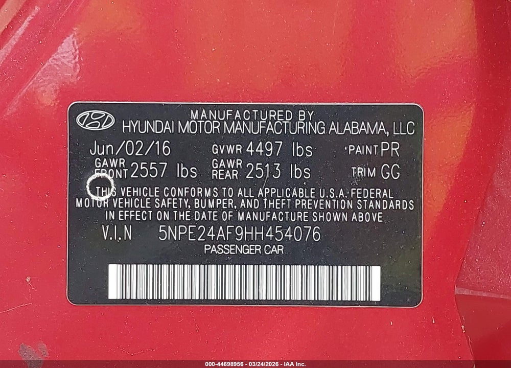 2017 HYUNDAI SONATA VIN: 5NPE24AF9HH454076