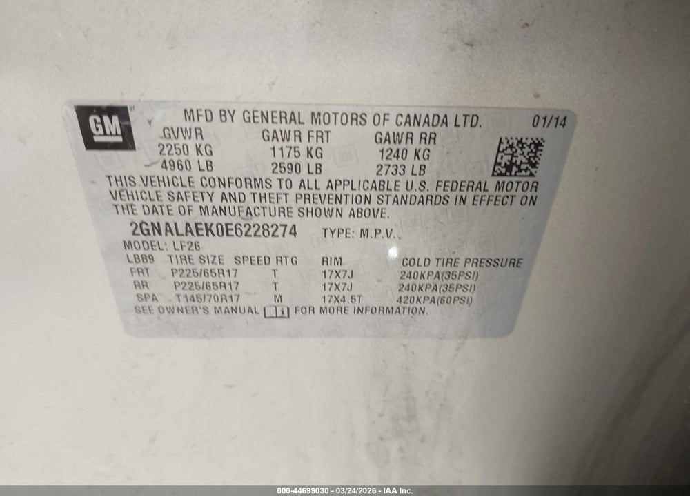 2014 CHEVROLET EQUINOX LS VIN: 2GNALAEK0E6228274