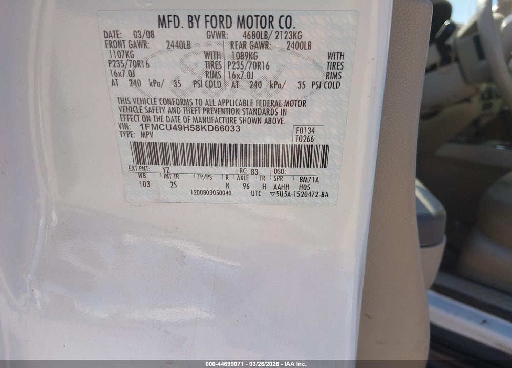2008 FORD ESCAPE HYBRID VIN: 1FMCU49H58KD66033