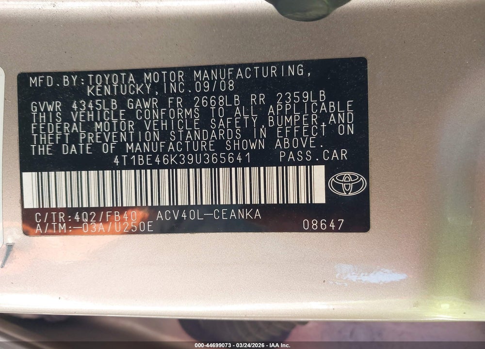 2009 TOYOTA CAMRY LE VIN: 4T1BE46K39U365641