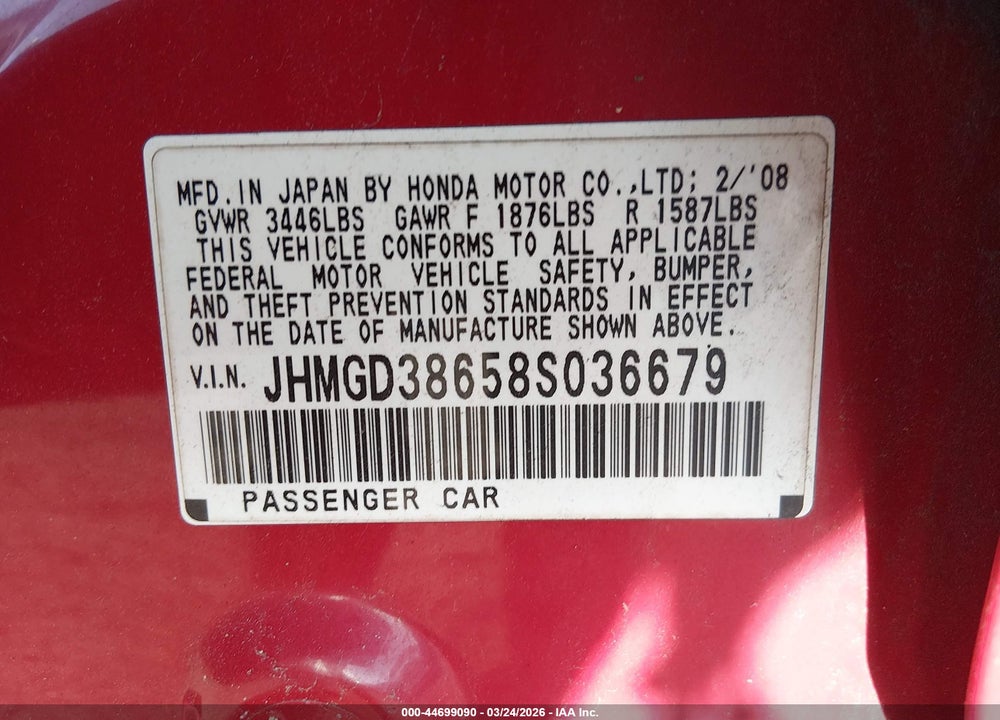 2008 HONDA FIT SPORT VIN: JHMGD38658S036679