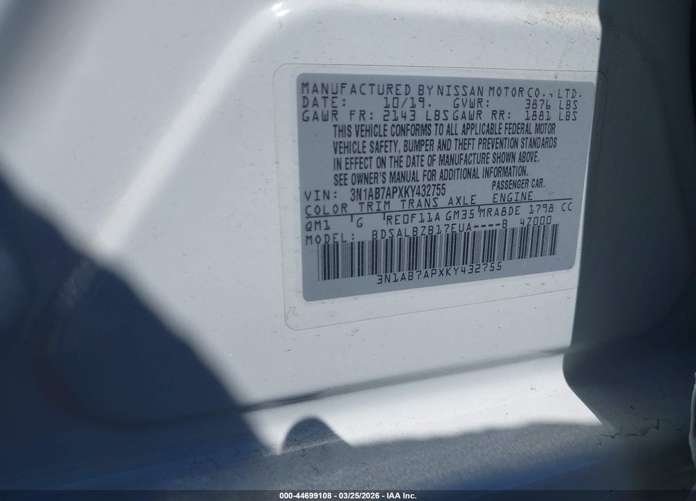 2019 NISSAN SENTRA S VIN: 3N1AB7APXKY432755