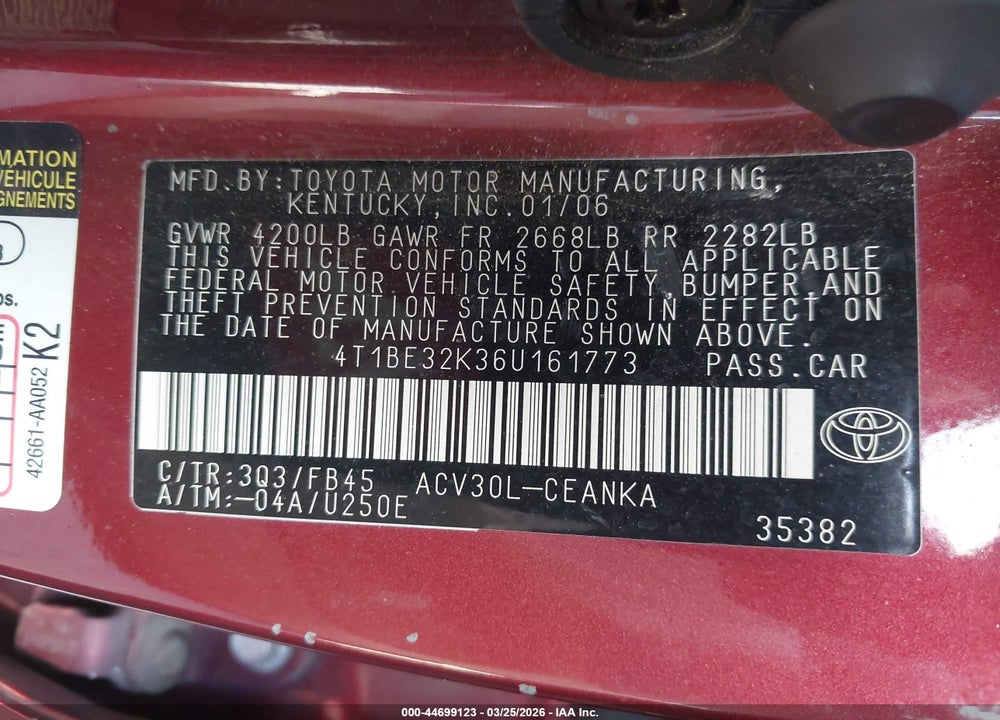 2006 TOYOTA CAMRY LE VIN: 4T1BE32K36U161773