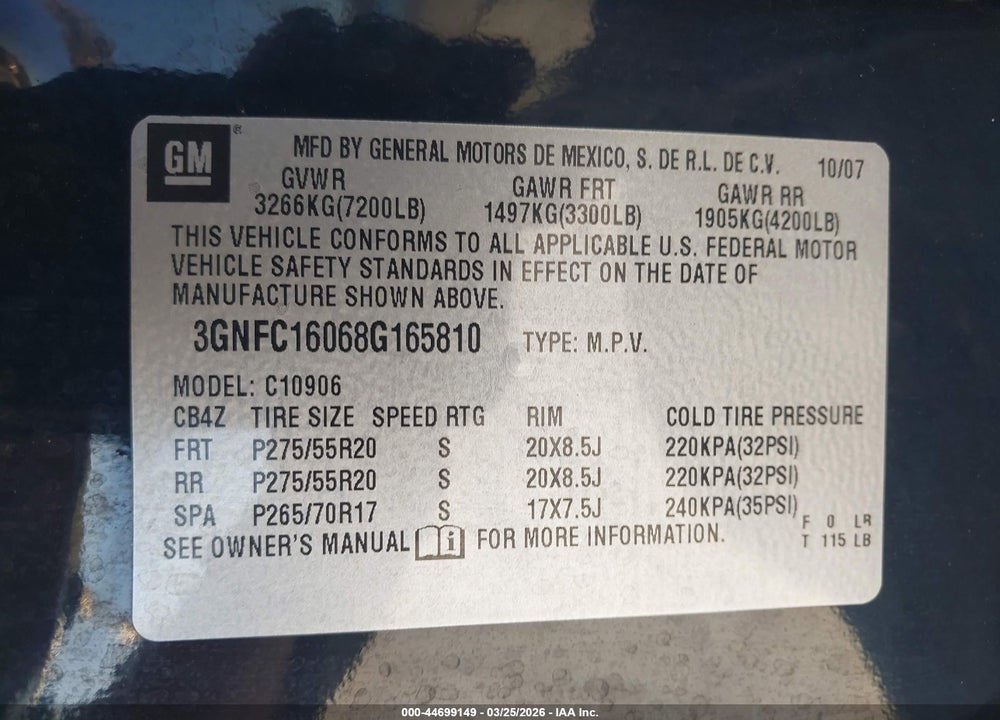 2008 CHEVROLET SUBURBAN 1500 LTZ VIN: 3GNFC16068G165810