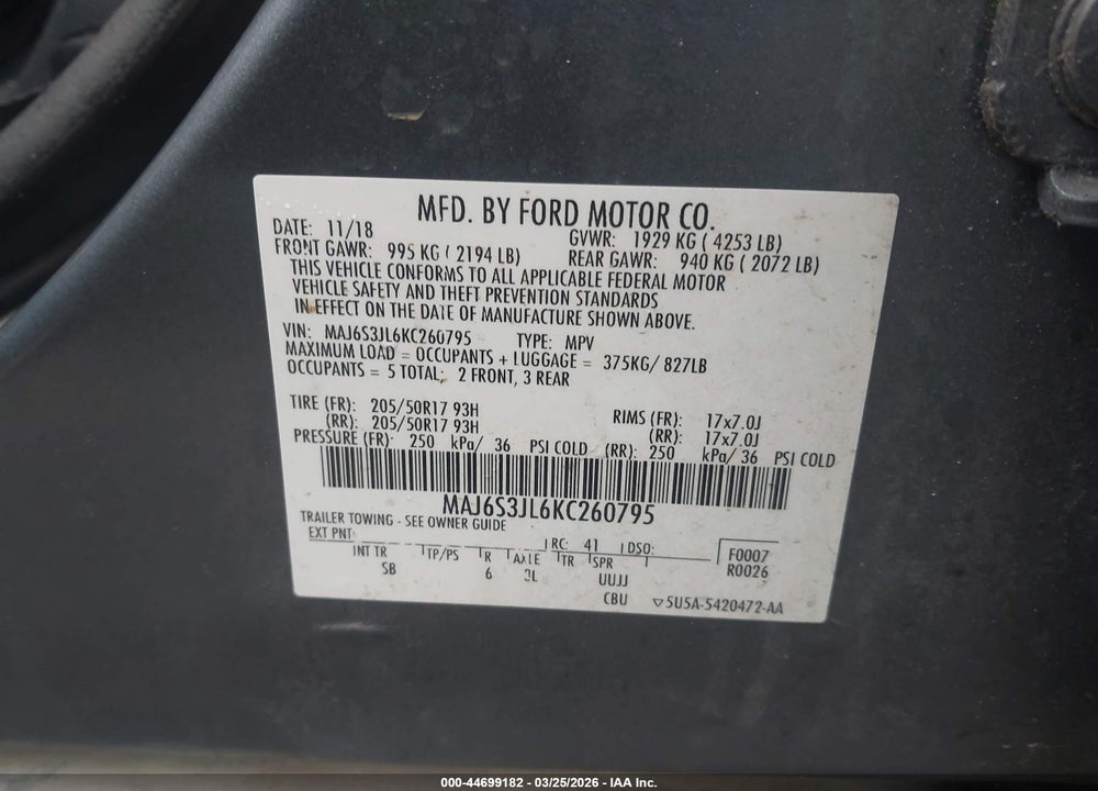 2019 FORD ECOSPORT S VIN: MAJ6S3JL6KC260795