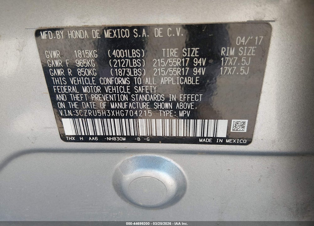 2017 HONDA HR-V LX VIN: 3CZRU5H3XHG704215