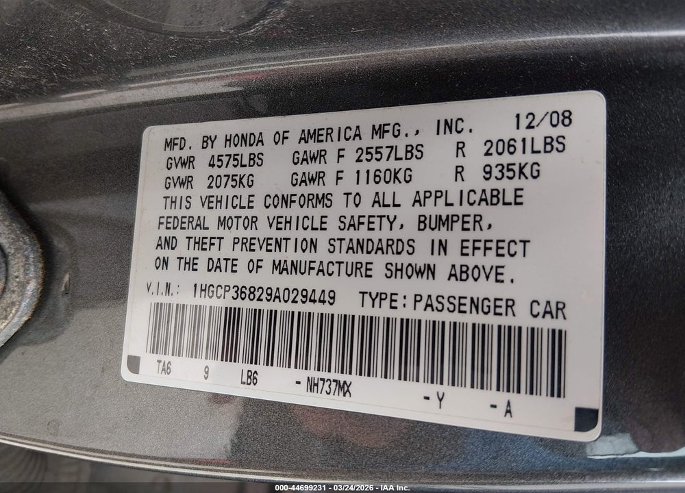 2009 HONDA ACCORD 3.5 EX-L VIN: 1HGCP36829A029449