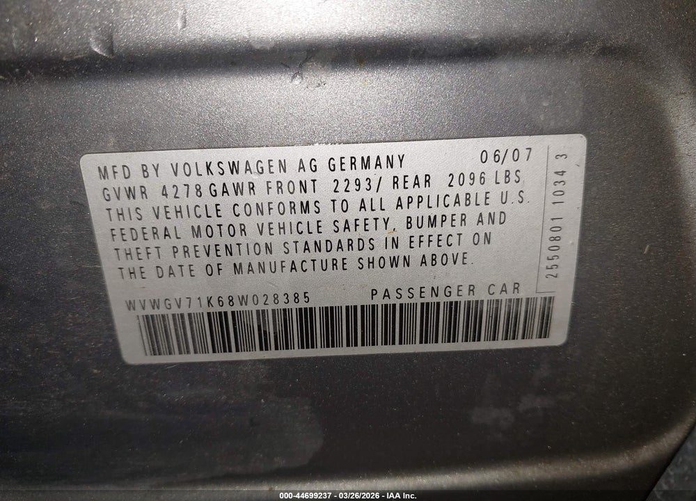 2008 VOLKSWAGEN GTI 4-DOOR VIN: WVWGV71K68W028385