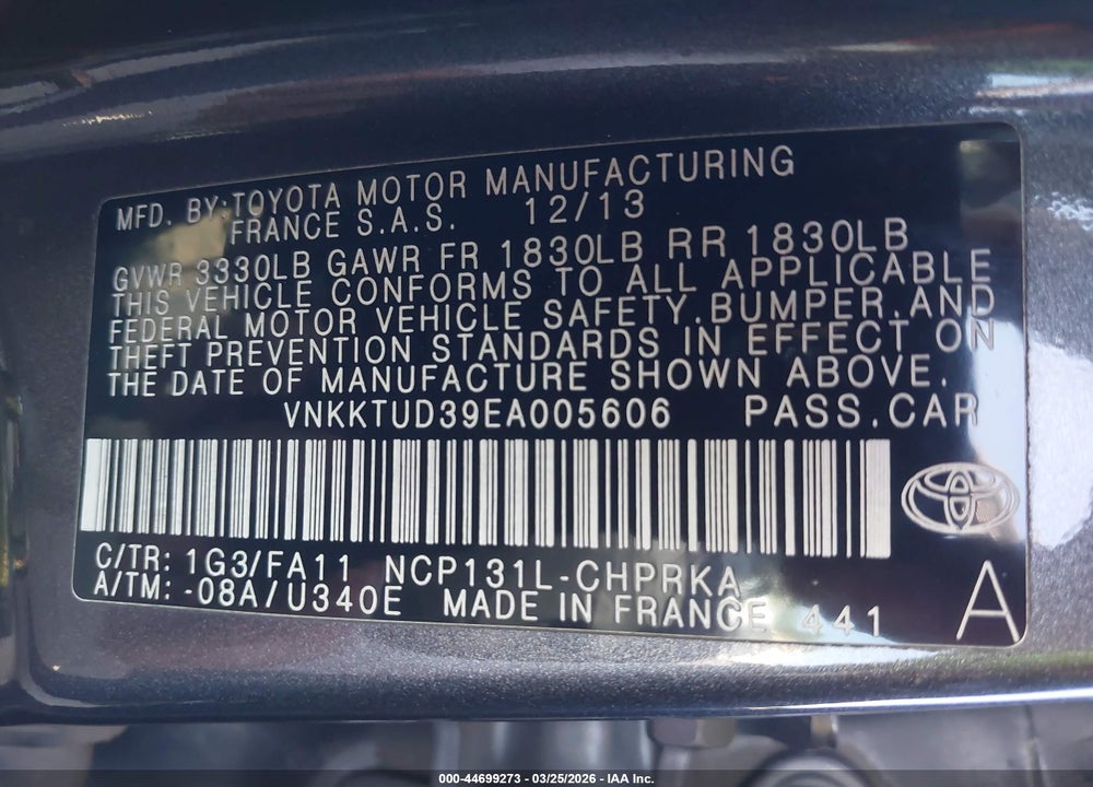 2014 TOYOTA YARIS L (TMMF PLANT) VIN: VNKKTUD39EA005606