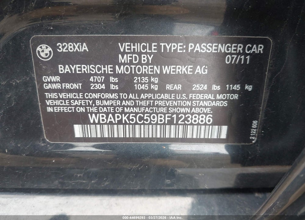 2011 BMW 328I XDRIVE VIN: WBAPK5C59BF123886