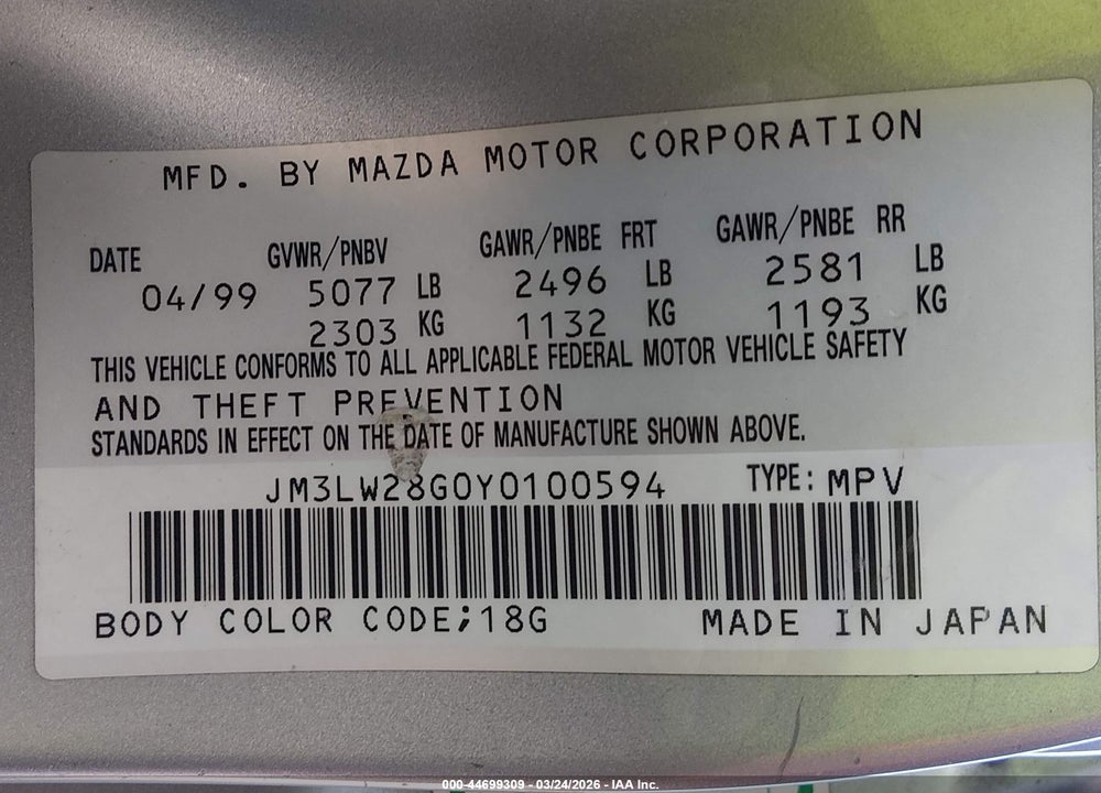 2000 MAZDA MPV DX/ES/LX VIN: JM3LW28G0Y0100594