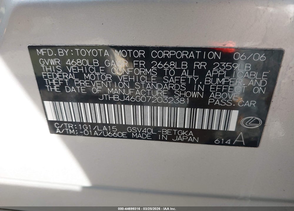 2007 LEXUS ES 350 VIN: JTHBJ46G072032381