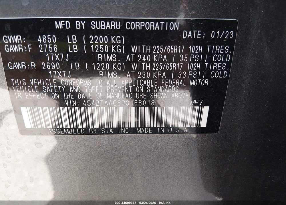 2023 SUBARU OUTBACK VIN: 4S4BTAAC8P3168018
